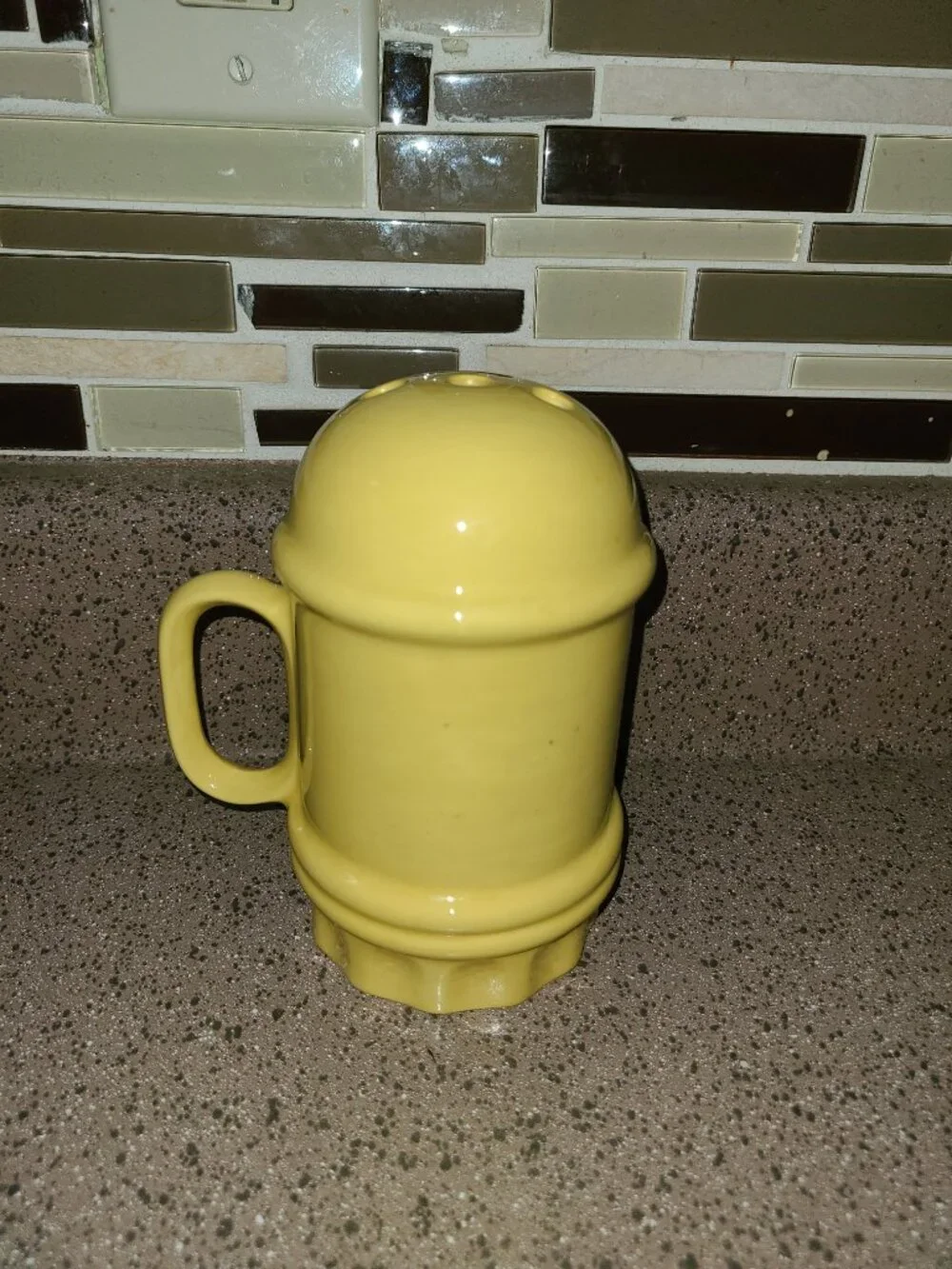 Vintage Ceramic Parmesan Cheese Shaker Yellow Black Mid Century Modern Signed MB